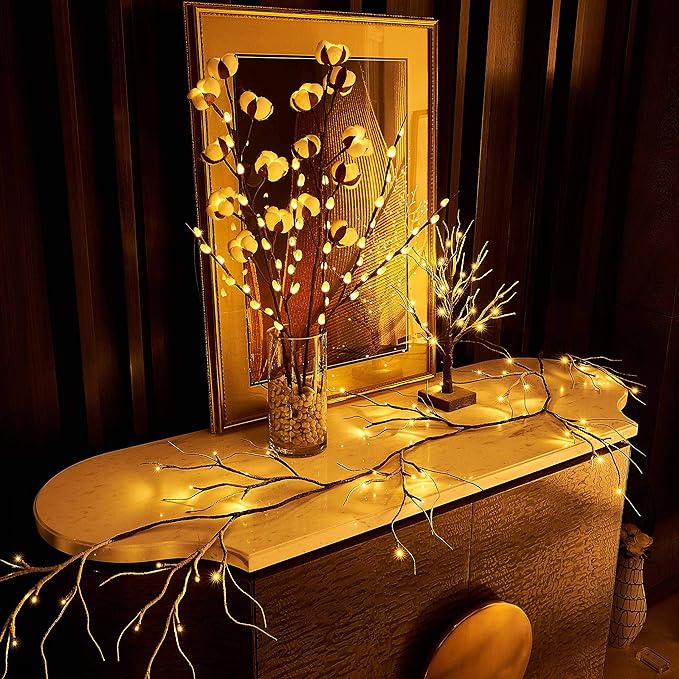 Hairui Lighted Garland Snow Flocked with Timer 6FT 48 LED Battery Operated Pre-lit Twig Vine Firepalce Mantle Table Winter Christmas Decoration Indoor Outdoor