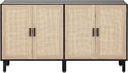 Finnhomy 4 Door Sideboard Buffet Cabinet, Kitchen Storage Cabinet with Rattan Decorated Doors, Cupboard Console Table, Boho Accent Liquor Cabinet, Bar Cabient, 62.3X 15.7X 34.6 Inches, Black