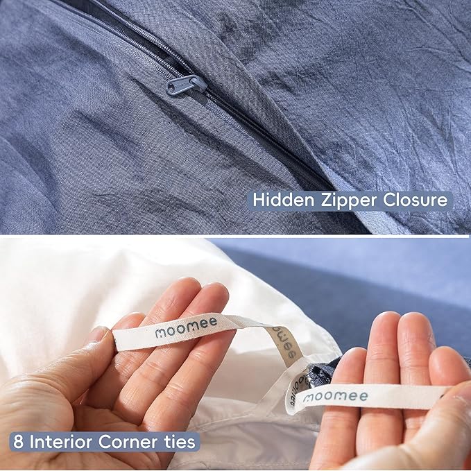 MooMee Bedding Duvet Cover Set 100% Washed Cotton Linen Like Textured Breathable Durable Soft Comfy (Heathered Blue, Queen 90"x90")
