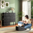 Dresser for Bedroom with 10 Drawers, Chest of Drawers with Side Pockets, Hooks, Wooden Top and Sturdy Metal Frame, Fabric Dresser Drawers for Living Room, Hallway (Black Wood Veins)