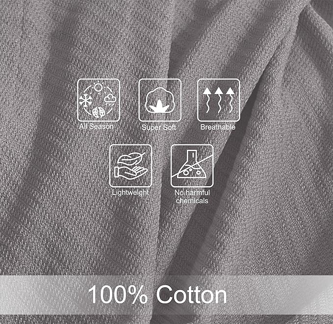 COTTON CRAFT Soft Cotton Thermal Blanket - Plush Herringbone Twill - All Season Luxurious Breathable Skin Friendly Lightweight Cooling Throw Blanket - Sofa Couch Travel Camping Dorm - King Grey