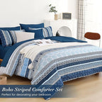 Cottolester Boho Comforter Set California King Size,8 Pieces Navy Blue Bohemian Striped Bed in a Bag,Paisley Soft Microfiber Bedding Comforter Set
