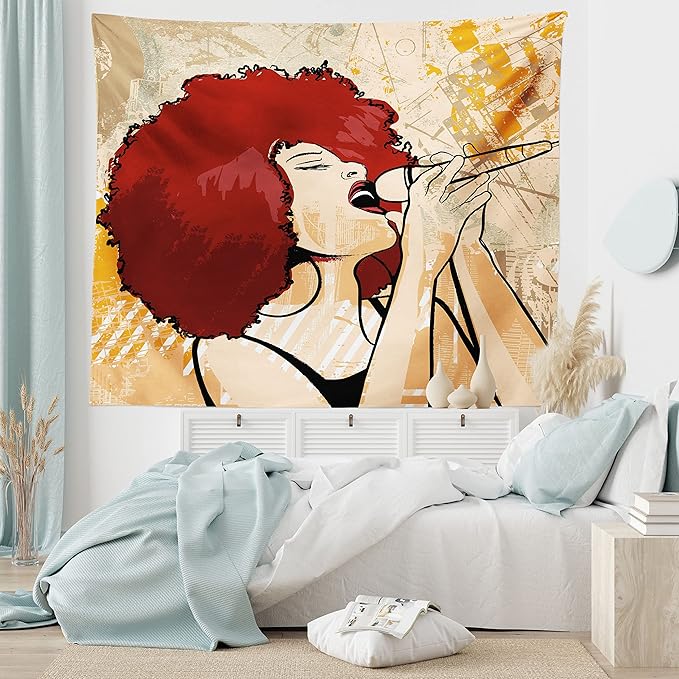 Lunarable Afro Tapestry, Popular Singer Karaoke Style Microphone Performance American Woman, Fabric Wall Hanging Decor for Bedroom Living Room Dorm, 45" X 30", Burgundy Orange