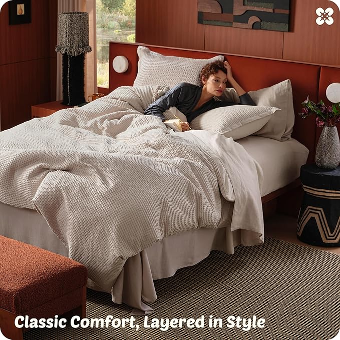 Bedsure Cotton Duvet Cover Set - 100% Cotton Waffle Weave Linen Duvet Cover Oversized Queen Size, GentleSoft™ and Breathable Bedding Set for All Season, 3 Pieces, 98"x98"