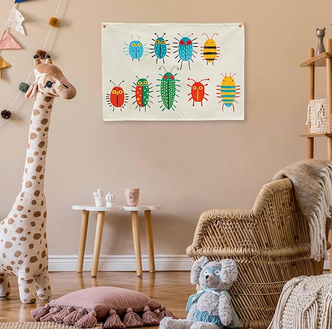 Insects Theme Education Rectangular Canvas Banner-Boho Flag Wall Decor for Boy Girl Kids,Nursery Above Crib Bedroom Reading Room Playroom Teacher Office Decor-Baby Shower Birthday Christmas Gift