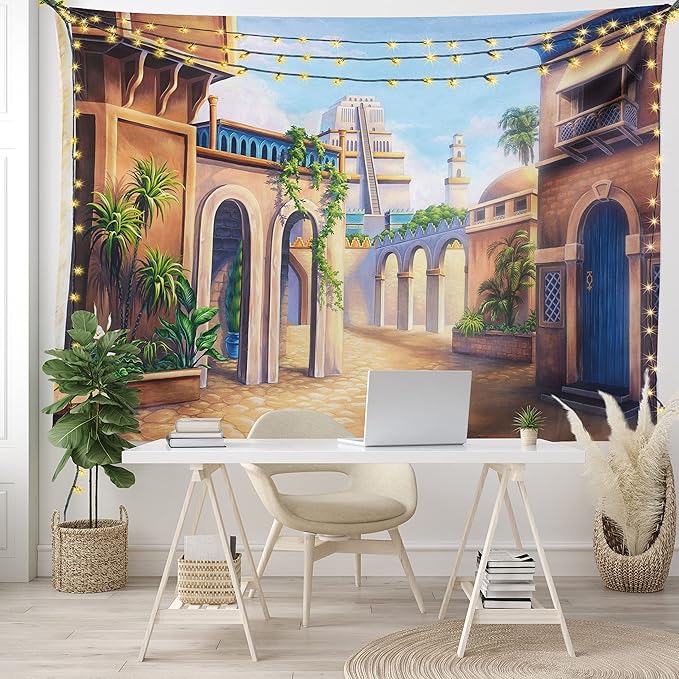 Lunarable City Tapestry King Size, Babylon City Gardens Architecture 7 Wonders of the World, Wall Hanging Bedspread Bed Cover Wall Decor, 104" X 88", Caramel Green