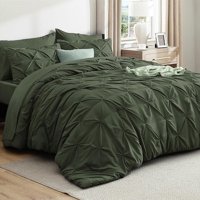 Bedsure California King Comforter Set Olive Green - Bed in a Bag Cal King Bedding Set 7 PCS, GentleSoft™ Pintuck Bed Set Gift for Family, Pinch Pleat Green Comforter with Sheets, Pillowcases & Shams