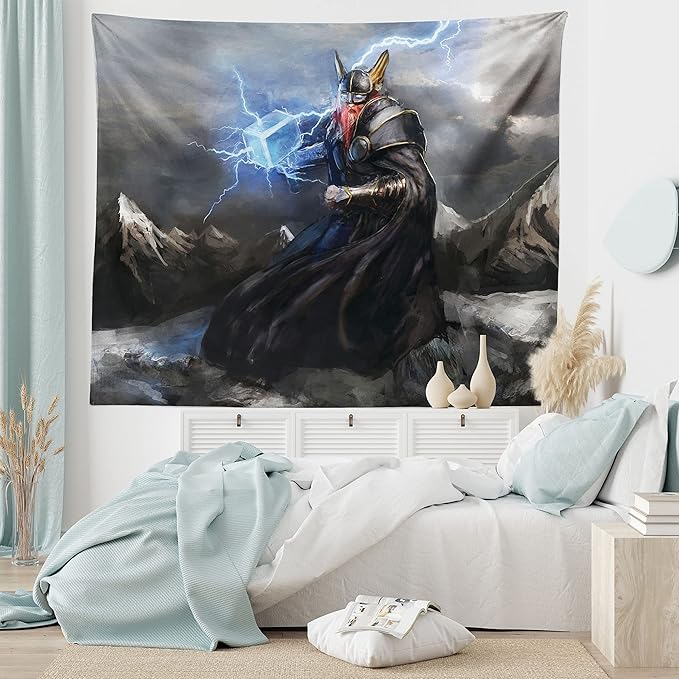 Lunarable Viking Tapestry, Thor Mjolnir and Thunder Flying Over Mountains Angry Warrior from Norse Myths, Wide Wall Hanging for Bedroom Living Room Dorm, 80" X 60", Grey Yellow