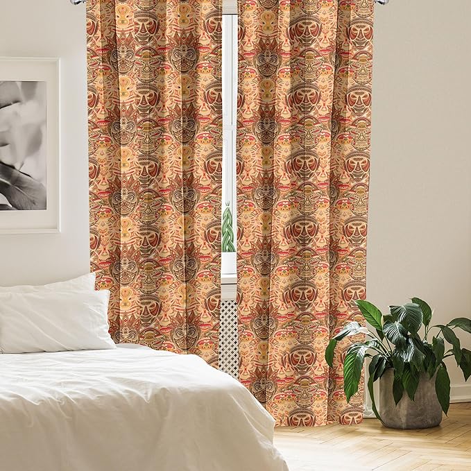Ambesonne African Curtains, Motif with Pattern Design, Window Treatments 2 Panel Set for Living Room Bedroom, Pair of - 28" x 84", Brown Orange