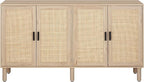 Finnhomy 4 Door Sideboard Buffet Cabinet, Kitchen Storage Cabinet with Rattan Decorated Doors, Cupboard Console Table, Boho Accent Liquor Cabinet for Home Bar, 62.3X 15.7X 34.6 Inches, Natural