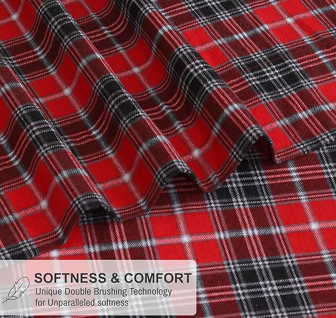 RUVANTI Flannel Sheets King Size - 100% Cotton Brushed King Size Sheets Set - Deep Pockets 16 Inches Bed Sheets - All Seasons Breathable & Extra Soft - Warm & Cozy, 4 Piece, Red Plaid