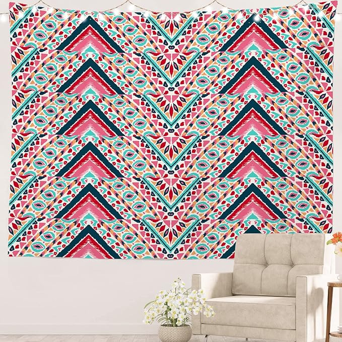 Batmerry Modern Stripe Geometric Tapestry,Boho Tribal ethnic Seamless striped Wall Art Hanging Decoration Polyester Fiber White Ruffled Around for Dorm Room Bedroom Living Room, 51.2x59.1 inches