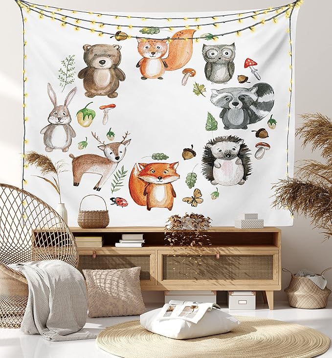 Lunarable Woodland Tapestry, Animals of The Forest Mushrooms Acorns Circular Frame Cartoon Pastel Colors, Wall Hanging for Bedroom Living Room Dorm Decor, 40" X 60", Multicolor