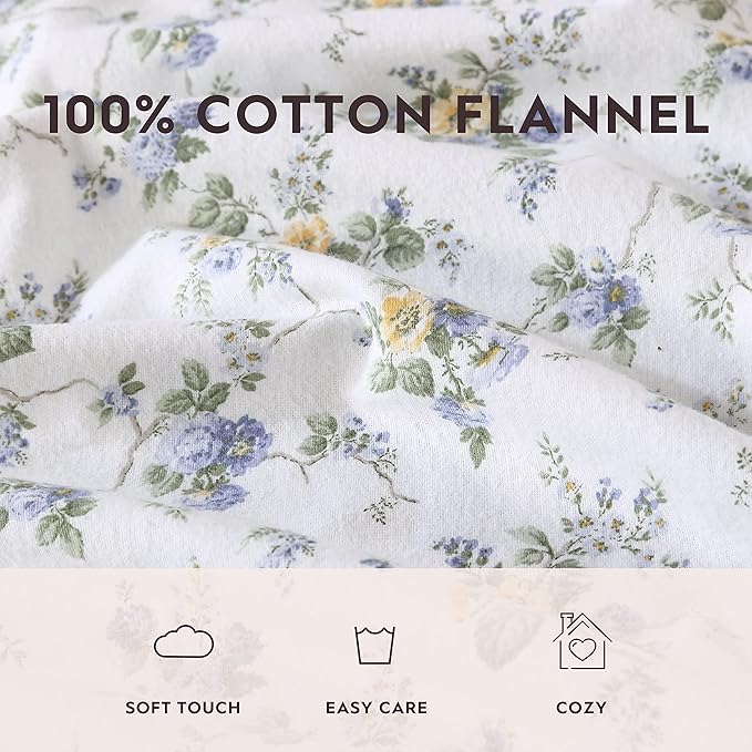Laura Ashley - Flannel Sheets Twin Size, Anti-Pilling & Wrinkle Resistant Cotton, Touchably Soft for All-Season Comfort - Bed Sheets with Matching Pillowcase & Fitted Sheet (Le Fleur Cottage Blue)