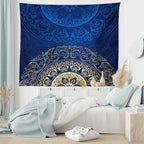 Lunarable Royal Blue Tapestry King Size, Vintage Eastern Circular Floral Old Fashioned Design, Wall Hanging Bedspread Bed Cover Wall Decor, King Size, Blue Yellow