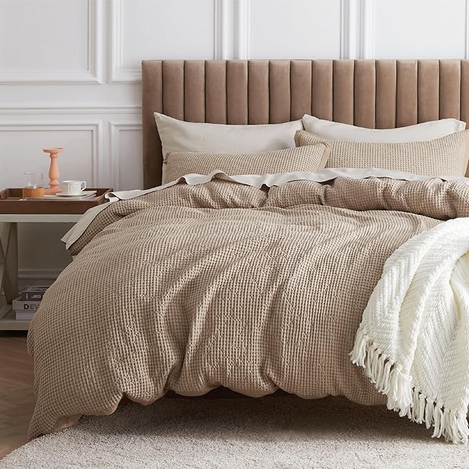 Bedsure Cotton Duvet Cover Set - 100% Cotton Waffle Weave Khaki Duvet Cover Oversized King Size, GentleSoft™ and Breathable Bedding Set for All Season, 3 Pieces, 120"x98"