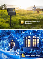 Minetom Solar String Lights for Outside, 33Ft 100 LED Outdoor Solar Fairy Lights, 8 Modes Balcony Lights for Tree Patio Christmas Party Decor (Blue and White)