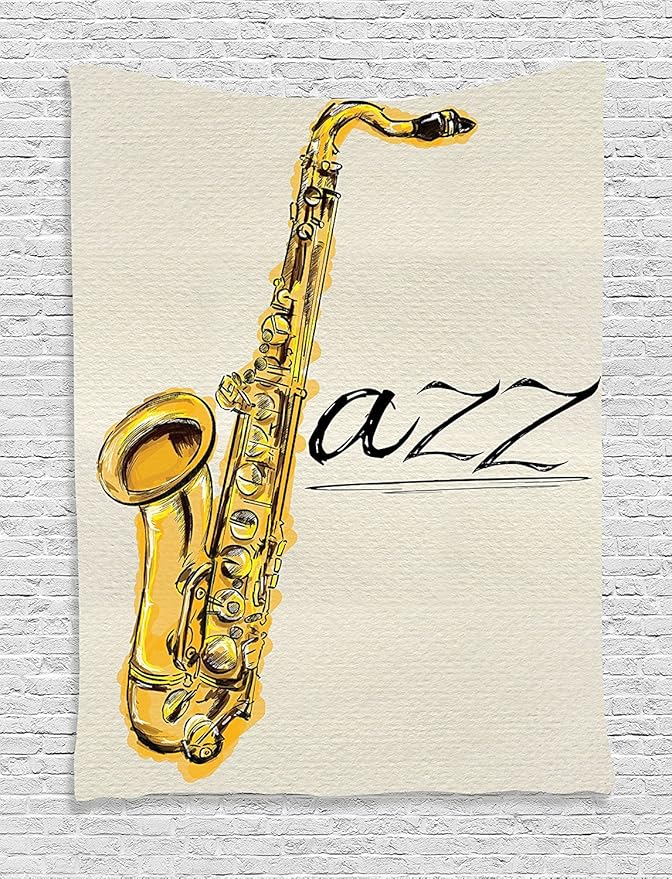 Ambesonne Music Tapestry, The Classic Painting of Jazz Saxophone Print on a Plain Background Vintage Style of Sketch an Artwork, Wall Hanging for Bedroom Living Room Dorm Decor, 40" X 60", Yellow Ecru