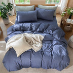 MooMee Bedding Duvet Cover Set 100% Washed Cotton Linen Like Textured Breathable Durable Soft Comfy (Heathered Blue, Oversized King Plus 128"x120")