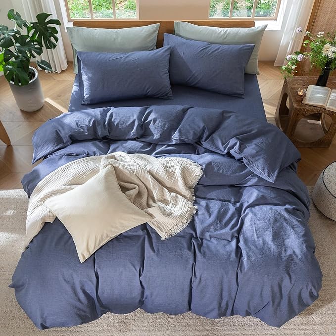 MooMee Bedding Duvet Cover Set 100% Washed Cotton Linen Like Textured Breathable Durable Soft Comfy (Heathered Blue, King 104"x90")