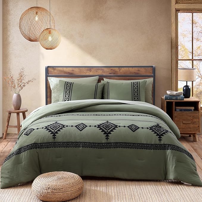 MaiRêve Embroidery Comforter Sets King Size Olive Green - 7 Pieces, Farmhouse Western Bedding Comforter Set, All Season Bed in A Bag King with Sheets, Comforters, Pillowcases & Shams