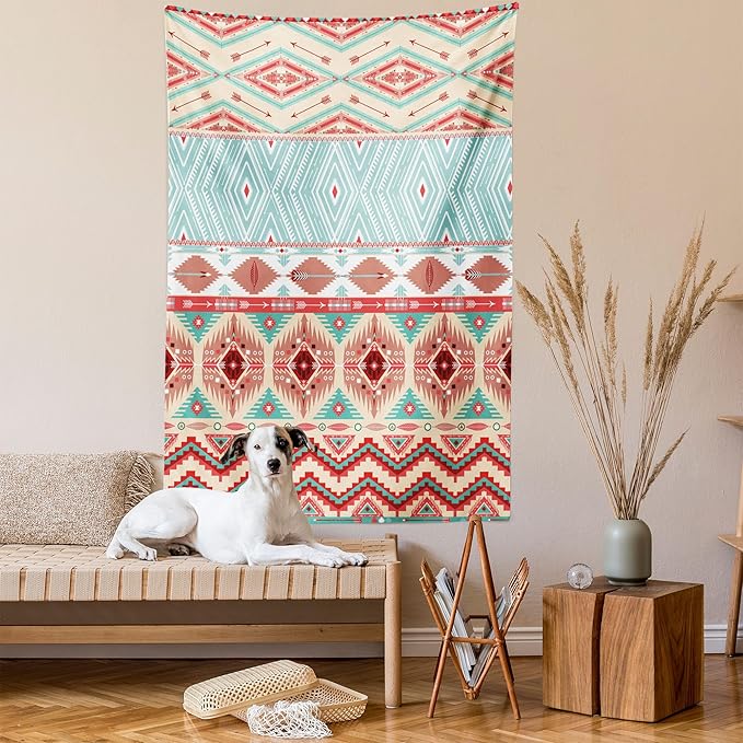 Lunarable Aztec Tapestry Queen Size, Culture Inspirations Ornamental Indigenous Chevron, Wall Hanging Bedspread Bed Cover Wall Decor, Queen Size, Turquoise Beige