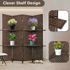 FDW Room Divider 4 Panel Wooden Screen Folding Portable Partition Screens Wood with Removable Storage Shelves Color, Dark Brown