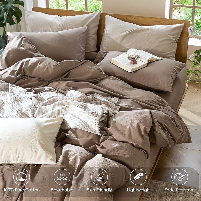 MooMee Bedding Duvet Cover Set 100% Washed Cotton Linen Like Textured Breathable Durable Soft Comfy (Solid Brown, Super King 108"x98")