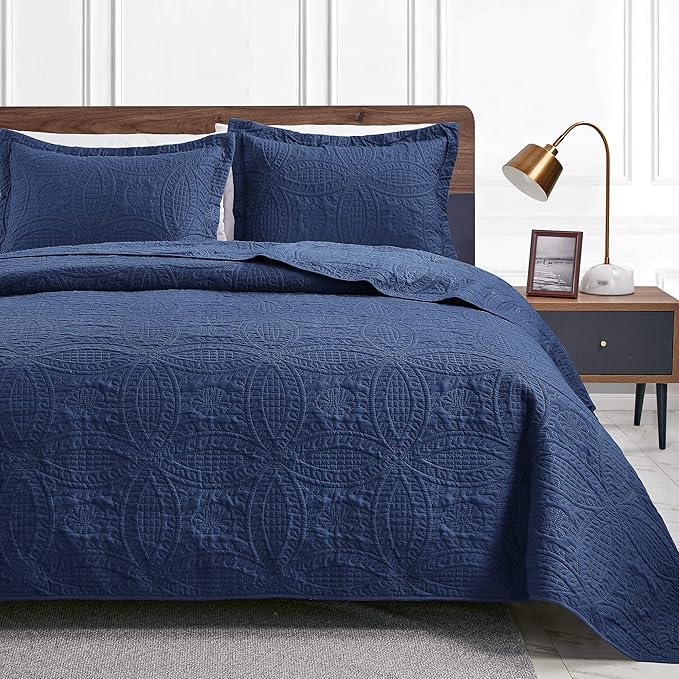 Love's cabin Quilts for Queen Bed Navy Blue Bedspreads - Soft Bed Summer Lightweight Bedspread Comforter - Modern Style Coin Pattern Coverlet for All Season - 3 Pieces (1 Quilt, 2 Pillow Shams)