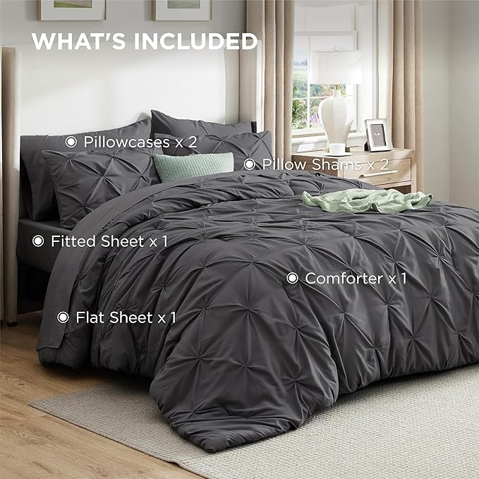 Bedsure King Size Comforter Set Dark Grey - Bed in a Bag Bedding Set 7 Pieces, GentleSoft™ Pintuck Bed Set Gift for Family, Pinch Pleat Dark Grey Comforter with Sheets, Pillowcases & Shams