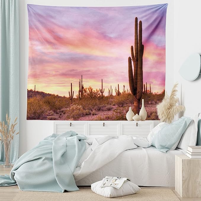 Ambesonne Saguaro Tapestry, Saguaros Wilderness Nature Ecosystem Sun Rays Clouds Scenic Picture, Wide Wall Hanging for Bedroom Living Room Dorm, 80" X 60", Lilac Pale Pink Green