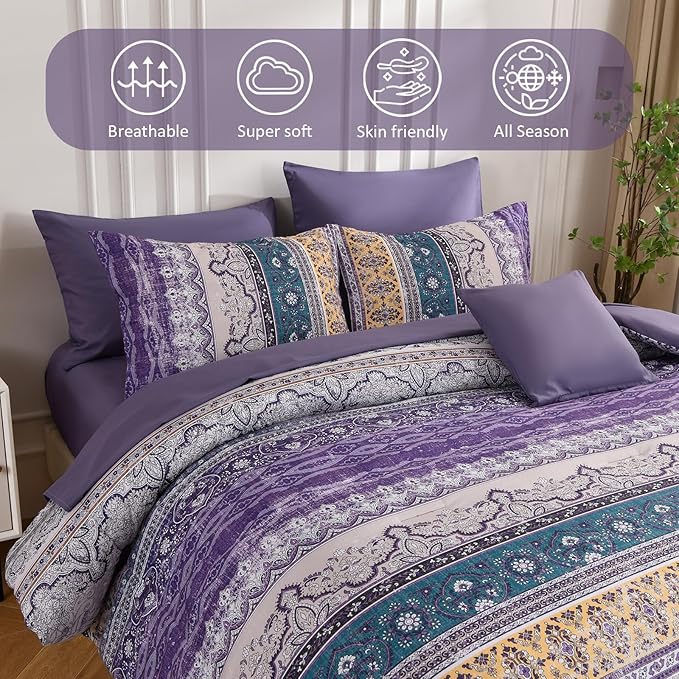 Cottolester Boho Comforter Set California King Size 8 Pieces,Violet Bohemian Striped Bed in a Bag, Paisley Soft Microfiber Bedding Comforter Set