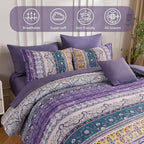 Cottolester Boho Queen Comforter Set 8 Pieces, Violet Bohemian Striped Bed in a Bag, Paisley Soft Microfiber Bedding Comforter Set