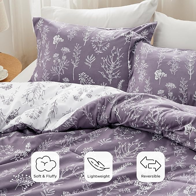 Bedsure Twin/Twin XL Comforter Set - Grayish Purple Bed Set, 2 Pieces Cute Floral Bedding, 1 Soft Reversible Botanical Flowers Comforter and 1 Pillow Sham