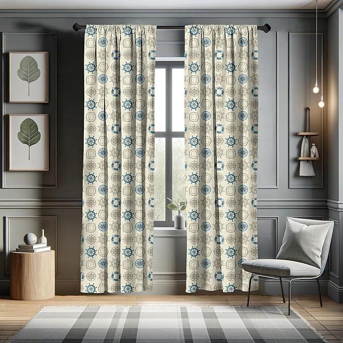 Ambesonne Compass Window Curtains, Marine Themed Doodle Art Vintage Inspirations Traveling Exploration Cruise Pattern, Lightweight Decor 2-Panel Set with Rod Pocket, Pair of - 28" x 95", Beige Teal