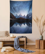 Lunarable Star Tapestry Queen Size, Night Sky with Milky Way Over a Mountain Landscape Lake Cosmos Galaxy Scenery Universe, Wall Hanging Bedspread Bed Cover Wall Decor, Queen Size, Brown Blue