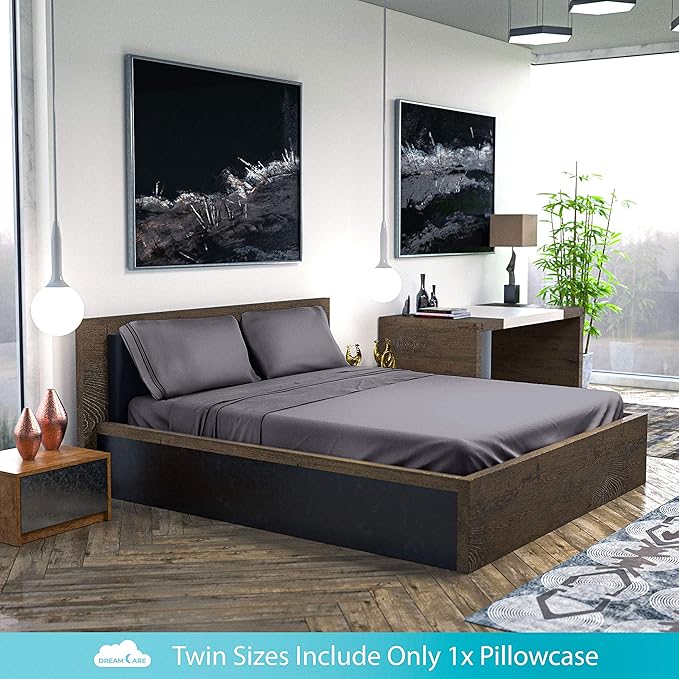 DREAMCARE Twin Sheets - 3pcs Cooling Sheets – up to 21” Extra Deep Pocket Twin Bed Sheets - Twin Sheet Set - Bed Sheets Twin - Soft & Long Lasting 100% Fine Brushed Polyester with Side Pocket - Gray
