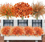 Uieke 72PCS Artificial Mums for Outdoors Fake Fall Outdoor Violet Flowers Orange Calla Lilly and Autumn Ferns No Fade for Outside Window Box Porch Planters Garden Decor