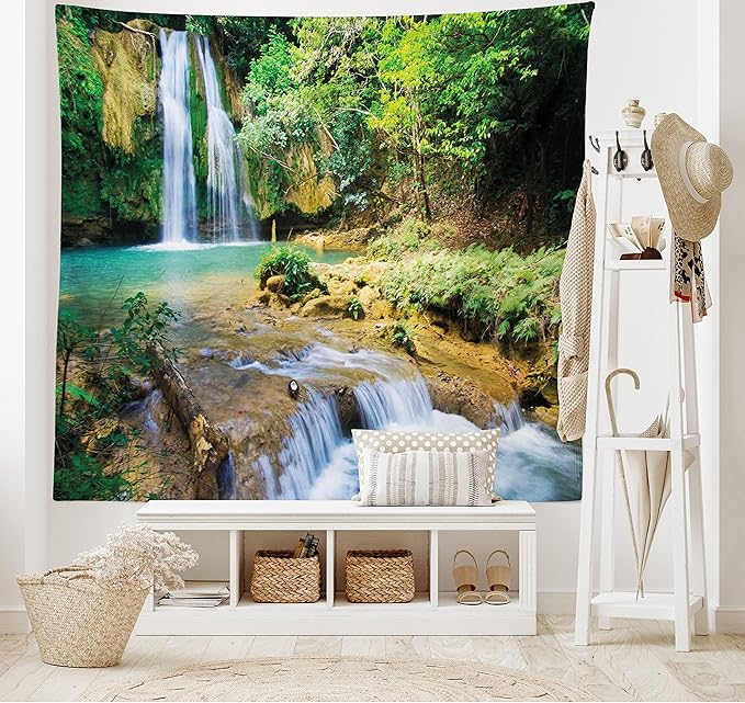 Lunarable Nature Tapestry King Size, Green Forest Waterfall and River Pool Pond Water Source Earth Landscape, Wall Hanging Bedspread Bed Cover Wall Decor, 104" X 88", Pale Brown and Green