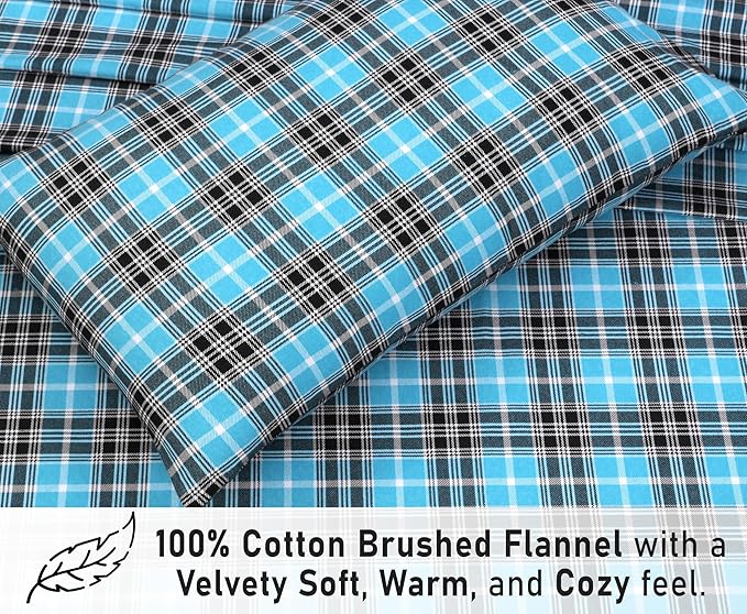 RUVANTI Flannel Sheets Full Size - 100% Cotton Double Brushed Bed Sheets Set, Deep Pockets 16 Inches, All Seasons Breathable & Extra Soft Full Sheets, Warm & Cozy, 4 Piece, Teal Plaid