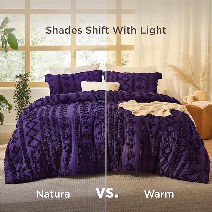 Bedsure Tufted Boho Comforter Set King Size - Purple Boho Bed Set, GentleSoft™ 3 Pieces Farmhouse Shabby Chic Embroidery Bedding, Gifts for Woman, Soft Jacquard King Comforter for All Seasons