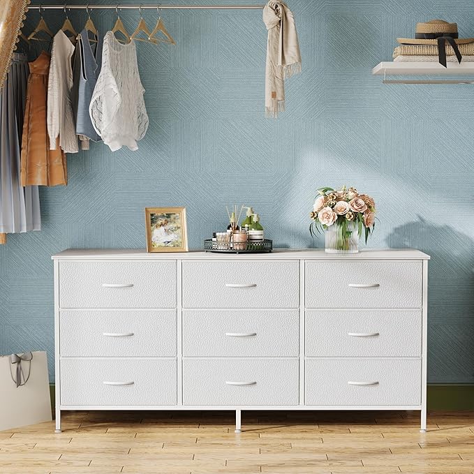 Huuger 9 Drawer Dresser, 47 Inch TV Stand for 50, 55 Inch TV, Entertainment Center with Drawers, Fabric Dresser Chest of Drawer for Bedroom, Closet, PU Leather Surface, White