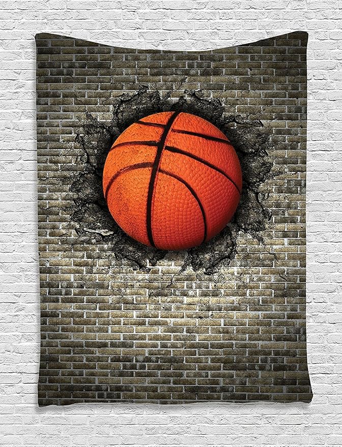 Ambesonne Sports Tapestry, Basketball Embedded in a Brick Wall Power Training Destruction Concept Art, Wall Hanging for Bedroom Living Room Dorm, 60" X 80", Orange Sepia