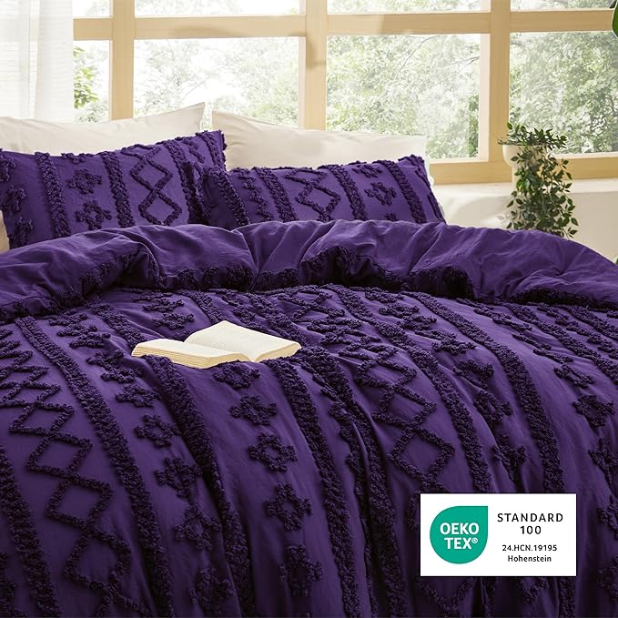 Bedsure Tufted Boho Comforter Set Queen Size - Purple Boho Bed Set, GentleSoft™ 3 Pieces Farmhouse Shabby Chic Embroidery Bedding, Gifts for Woman, Soft Jacquard Queen Comforter for All Seasons