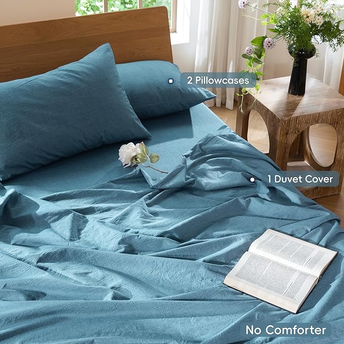 MooMee Bedding Duvet Cover Set 100% Washed Cotton Linen Like Textured Breathable Durable Soft Comfy (Heathered Peacock Blue, Super Queen 90"x98")