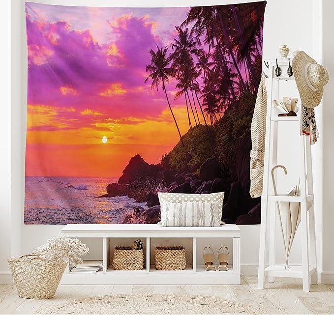 Ambesonne Ocean Tapestry, Exotic View of Tropical Beach by The Ocean with Palms and Waves Toward The Rocks, Wide Wall Hanging for Bedroom Living Room Dorm, 80" X 60", Purple Orange