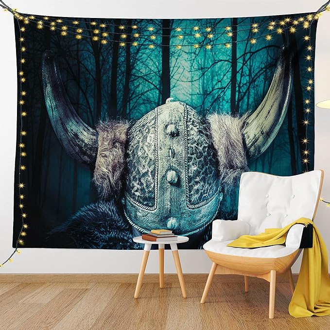 Lunarable Viking Tapestry, Barbarian Warrior Head with Horns in Mystical Scandinavian Forest, Wide Wall Hanging for Bedroom Living Room Dorm, 80" X 60", Petrol Blue Sand Brown