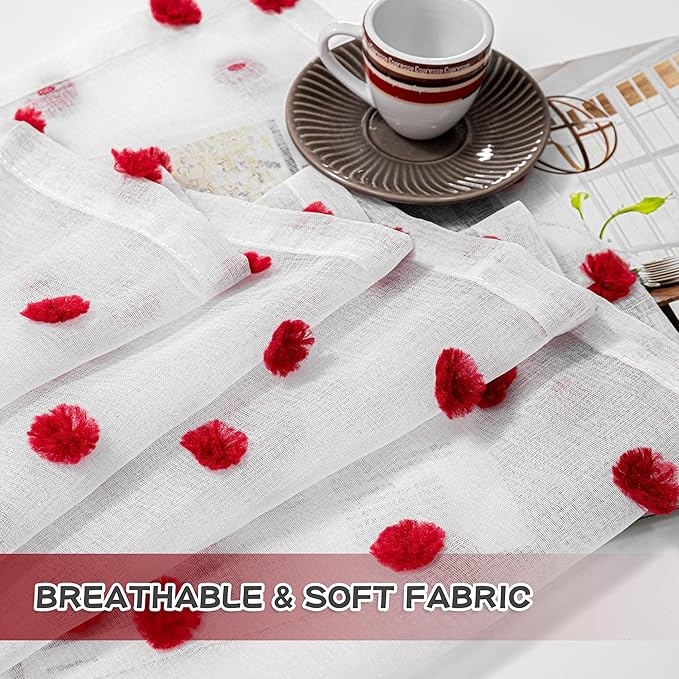 MYSKY HOME Red Pom Pom Curtains for Kitchen 45 Inch Long Bedroom Curtains Christmas Small Windows Light Filtering Sheer Curtains for Nursery Short Cafe Bathroom Privacy Rod Pocket 2 Panels 52 x 45 in