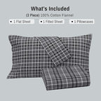 RUVANTI Flannel Sheets Twin Size - 100% Cotton Double Brushed Twin Sheets Set, Deep Pockets 16 Inches, All Seasons Breathable & Extra Soft Bed Sheets, Warm & Cozy, 3 Piece, Grey Plaid