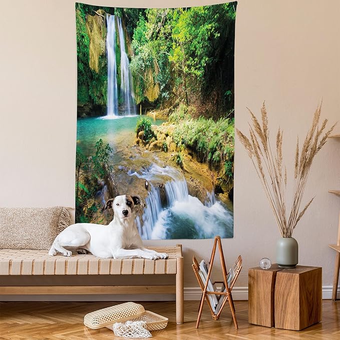 Lunarable Nature Tapestry King Size, Green Forest Waterfall and River Pool Pond Water Source Earth Landscape, Wall Hanging Bedspread Bed Cover Wall Decor, 23" X 28", Pale Brown and Green